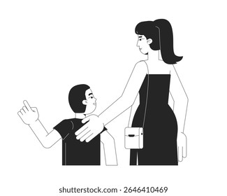 Mãe e filho asiáticos observando a cena juntos personagens de linha 2D. Mulher chinesa com garoto apontando lado a lado, encarando de frente pessoas isoladas com contorno de tinta vetorial. Ilustração de ponto monocromático
