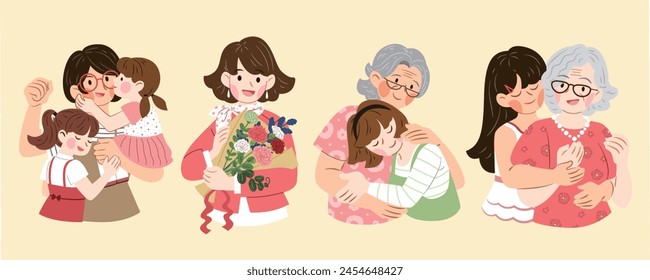 Asian Mothers and daughters set. Flat vector illustrations isolated on white background.