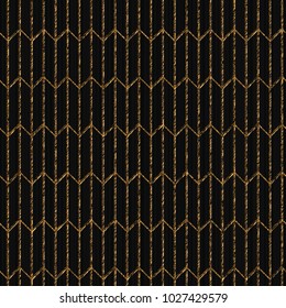 Asian motif. Seamless pattern based on japanese sashiko. Scratched golden ornament on the black background. Abstract backdrop. Simple texture for web-page background, decoration or pattern fills.