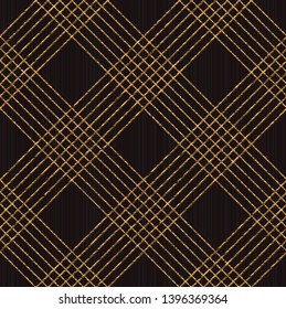 Asian motif. Seamless pattern based on japanese sashiko. Scratched golden ornament on the black background. Abstract backdrop. Simple texture for web-page background, decoration or pattern fills.