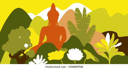 Asian mountain hilly landscape with tropical plants and Buddha statue. Environmental protection, ecology. Park, exterior space, outdoor. Vector illustration.