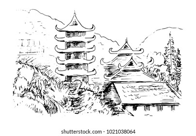 Asian mountain landscape with Buddish temple, Vietman. Sketch black and white illustration.