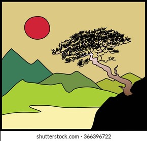 asian mountain landscapes with pine and red sun