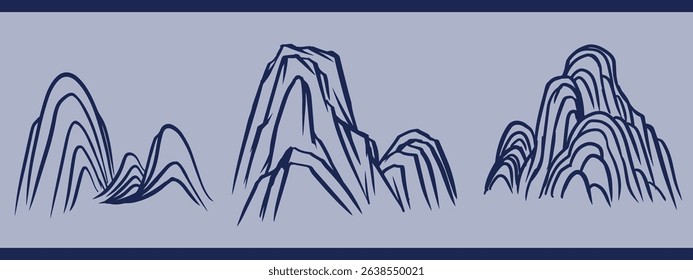 Asian Mountain Line Drawing Vector – Traditional Chinese Ink Style Landscape for Nature Themes, Zen Design, Meditation Posters and Minimalist Decoration