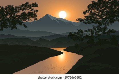 Asian mountain sunset with river and tree silhouette