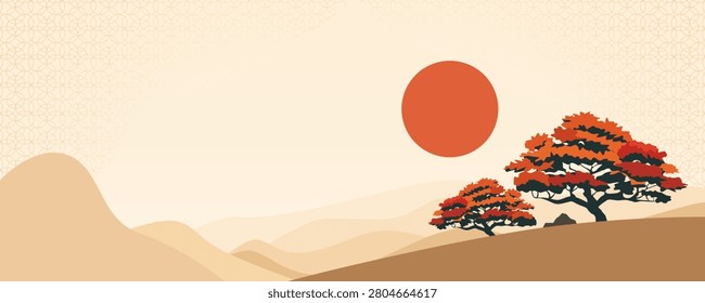 Asian mountain and tree landscape. Autumn scenery featuring mountains and trees in shades of red and orange. Vector illustration of Asian mountain nature at sunset or sunrise.