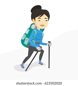 Asian mountaineer climbing a snowy ridge. Young happy mountaineer climbing a mountain. Mountaineer with backpack walking up along a ridge. Vector flat design illustration isolated on white background.
