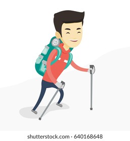 Asian mountaineer climbing a snowy ridge. Young happy mountaineer climbing a mountain. Mountaineer with backpack walking up along a ridge. Vector flat design illustration isolated on white background.