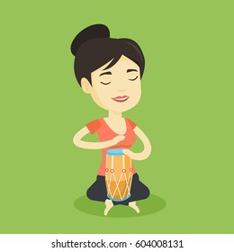 Asian mucisian playing ethnic drum. Young mucisian with eyes closed playing ethnic drum. Woman playing ethnic music on tom-tom. Vector flat design illustration. Square layout.