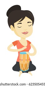 Asian mucisian playing ethnic drum. Young mucisian with eyes closed playing ethnic drum. Woman playing ethnic music on tom-tom. Vector flat design illustration isolated on white background.