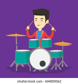 Asian mucisian playing on drums. Young mucisian playing on drums. Smiling mucisian playing on drum kit. Happy man sitting behind the drum kit. Vector flat design illustration. Square layout.