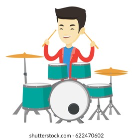 Asian mucisian playing on drums. Young mucisian playing on drums. Mucisian playing on drum kit. Happy man sitting behind the drum kit. Vector flat design illustration isolated on white background.