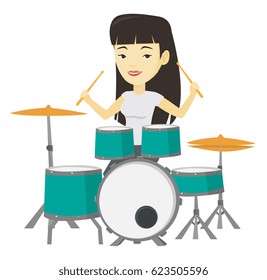 Asian mucisian playing on drums. Young mucisian playing on drums. Young woman playing on drum kit. Happy woman sitting behind the drum kit. Vector flat design illustration isolated on white background