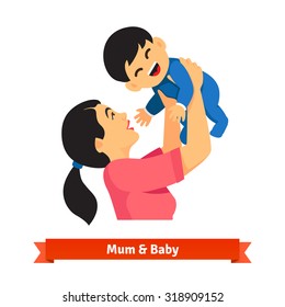 Asian mum holding up her baby in hands over head. Playing with child toddler. Parenting. Flat style vector illustration isolated on white background.