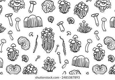 Asian mushrooms pattern. Hand drawn medicinal mushrooms. Illustration of Shimeji, erinji, shitaki, cordyceps, turkey tail and lions mane. Japanese fungus wallpaper. Black and white mushroom pattern