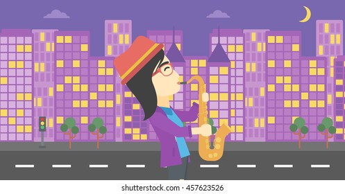 An asian musician playing on saxophone. Woman playing on saxophone in the night. Young woman with saxophone in the city street. Vector flat design illustration. Horizontal layout.