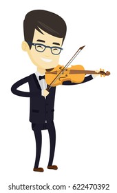 Asian musician standing with violin. Young smiling musician playing violin. Cheerful violinist playing classical music on violin. Vector flat design illustration isolated on white background.