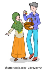 Asian muslim brother sharing fruits with his sister