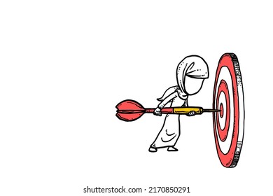 Asian muslim business woman aiming business target. Goals and objectives concept. Cartoon vector illustration design