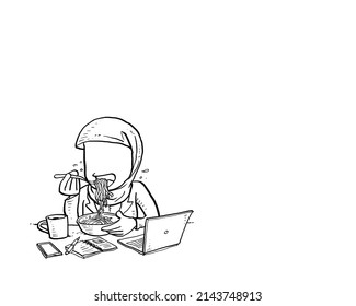Asian muslim business woman eating delivious hot spicy instant noodle. Break time concept. Cartoon vector illustration design