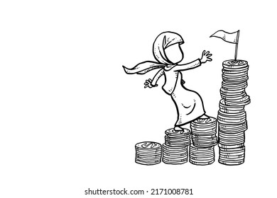 Asian muslim business woman step climbing on money stack, reaching ideal take home pay. Hand drawn vector illustration design