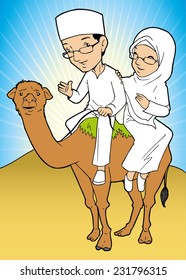 Asian Muslim couple pilgrim riding a camel 