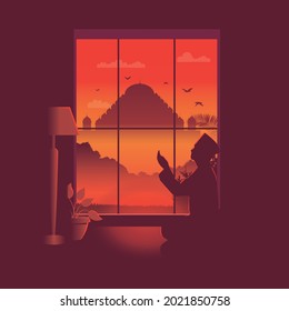 Asian Muslim Man is Praying. Vector Illustration