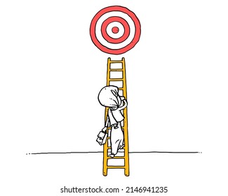 Asian muslim woman climbing the ladder to achieve target. Career development concept. Cartoon vector illustration design.