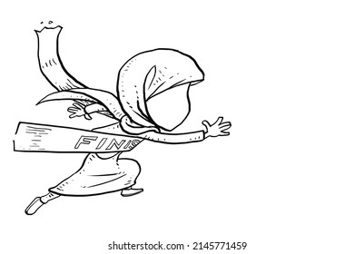 Asian muslim woman reach finish line. Winning competition concept. Cartoon vector illustration design.