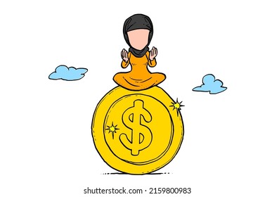 Asian muslim woman sitting on big gold dollar coin. Concept of Salary and Bonus. Drawing vector illustration design