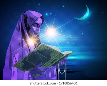 Asian muslim woman in a veil holding prayer beads and reading the quran. Grunge background with sky, stars, moon. Creative vector design for Islamic religious culture. Concept of faith. EPS 10