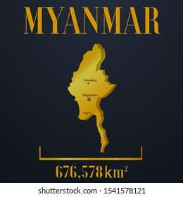 Asian Myanmar, Mandalay, Yangon golden 3d solid country outline silhouette, realistic piece of world map template, for infographic, vector illustration, isolated object, background. From countries set