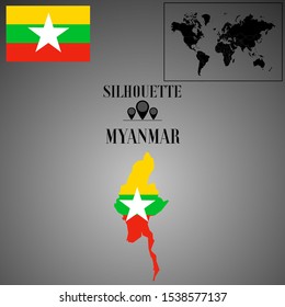 Asian Myanmar, Mandalay, Yangon outline world map silhouette vector illustration, creative design background, national country flag, objects, element, symbols from countries all continents set. 