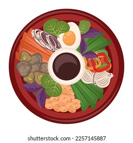 Asian national dish closeup with meat, pepper, shiitake mushrooms, onions, egg, sauce,soya beans. Chinese food. Vector flat illustration for menu, delivery, cooking concept 