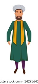 Asian nationality Indian man in traditional clothing turban and scarf isolated male character vector guy in long coat with beard traveling aborigine travel to India ethnicity traditional clothing.