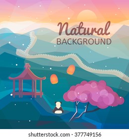 Asian natural background. Eastern Chinese landscape. Mountains, nature with traditional Chinese elements. Low polygon style flat illustrations. For web and mobile phone, print.