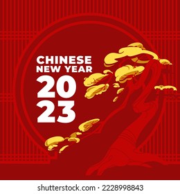 asian new year card with bonsai. Traditional geometric ornament on a red background. Vector flat illustration