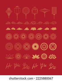 Asian new year decor. China flowers clouds lanterns branches coins elements, japan decorative symbols, vietnamese korean graphics