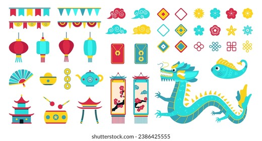 Asian New Year design elements, set of flat drawings with Chinese New Year symbols, decorative oriental modern art with dragon, Asian lanterns, flower blossom, tapestries, coins. Vector illustration.