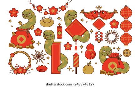 Asian New Year snakes and elements. Chinese zodiac animal snake. Festival lucky symbol. Horoscope sign. Green cute snake with coin, flowers, bag, lanterns. Vector stickers set.