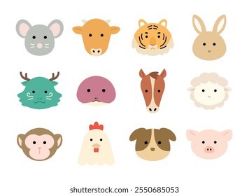 Asian new year zodiac animal character illustration set. Cute cartoon style flat vector drawing on white background. 