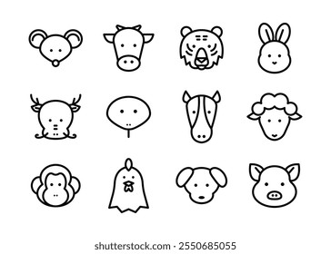 Asian new year zodiac animal character icons set. Cute cartoon style outlined vector icons on white background. 