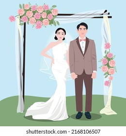 Asian newlyweds flat color vector illustration. Elegant garden ceremony.