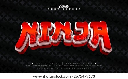 Asian Ninja 3D Text Effect Design Editable Vector Graphic Style with Shadow and Red White Lettering on Japanese Traditional Pattern Background. Premium Scalable Business Typography Illustration Mockup