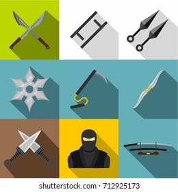 Asian ninja arsenal icon set. Flat style set of 9 asian ninja arsenal vector icons for web design