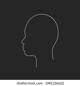 Asian non-binary head in profile with small snub nose continuous one line drawing, Vector graphics minimalist linear illustration made of single white line on black background