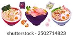 Asian noodle bowls set isolated on white background. Vector cartoon illustration of traditional chinese cuisine ramen dishes with fresh vegetable, eggs, seaweed, onions, seasoning, restaurant menu