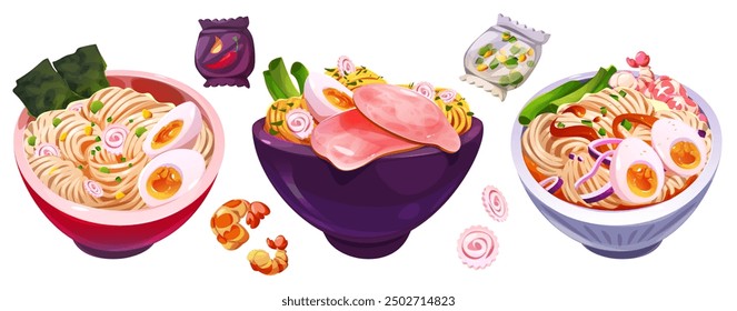 Asian noodle bowls set isolated on white background. Vector cartoon illustration of traditional chinese cuisine ramen dishes with fresh vegetable, eggs, seaweed, onions, seasoning, restaurant menu