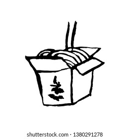 Asian noodle in box icon. Grunge ink brush vector illustration. Food flat illustration.
