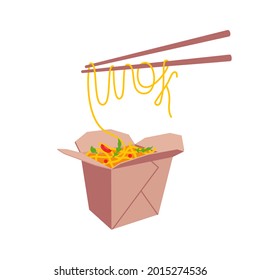 Asian noodle in cardboard box with text wok made with noodles on chopstick. Asian food concept vector illustration